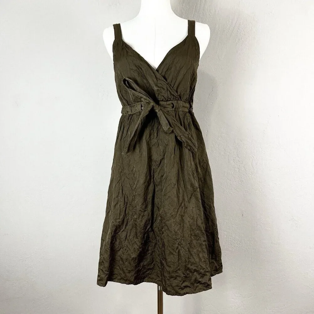 Eileen Fisher Dress Steel Satin‎ Faux Wrap Tie Front Surplice Olivine 4 Petite
